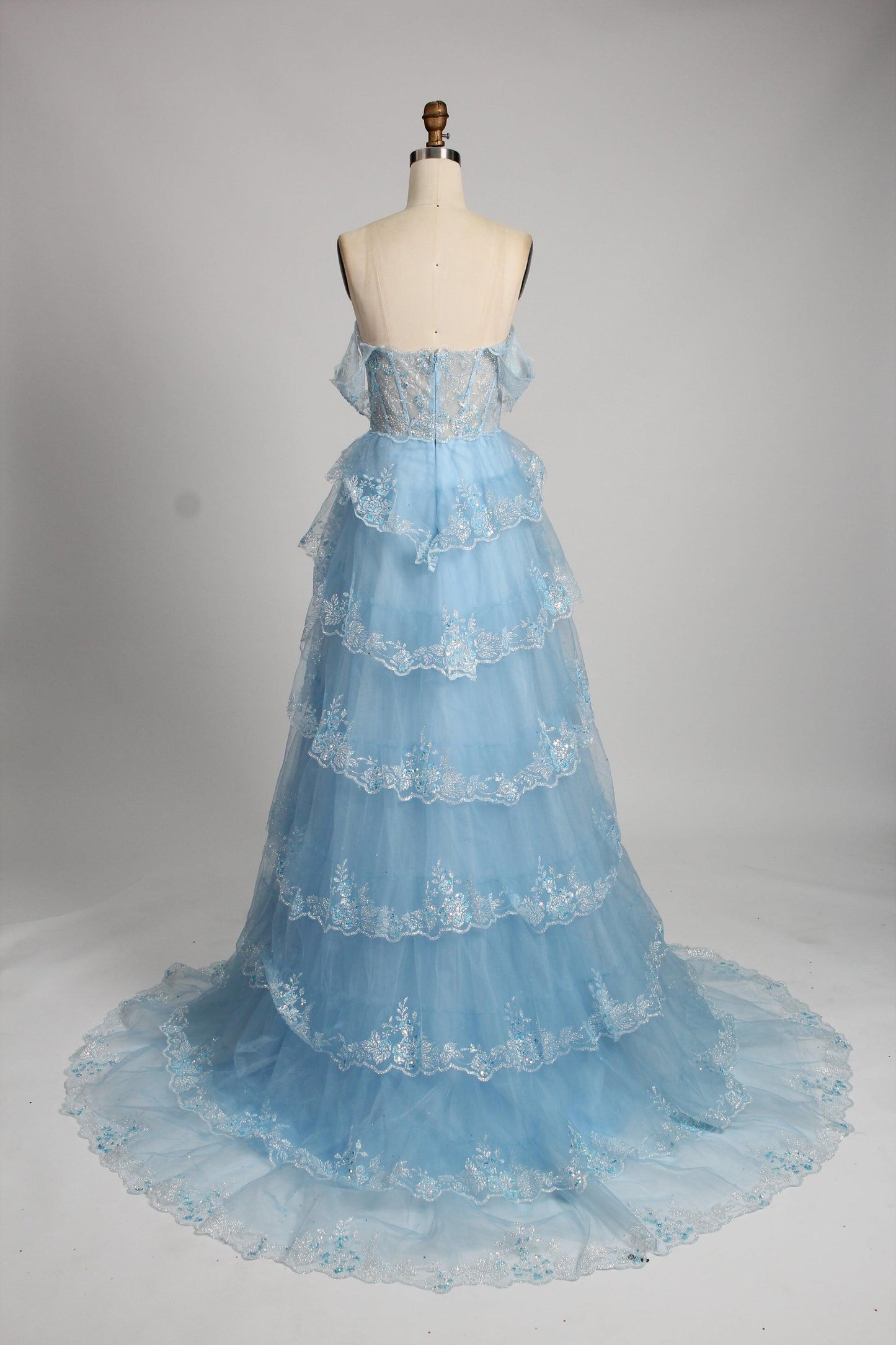Black Lace Off the Shoulder Tiered Layers Long Formal Gown