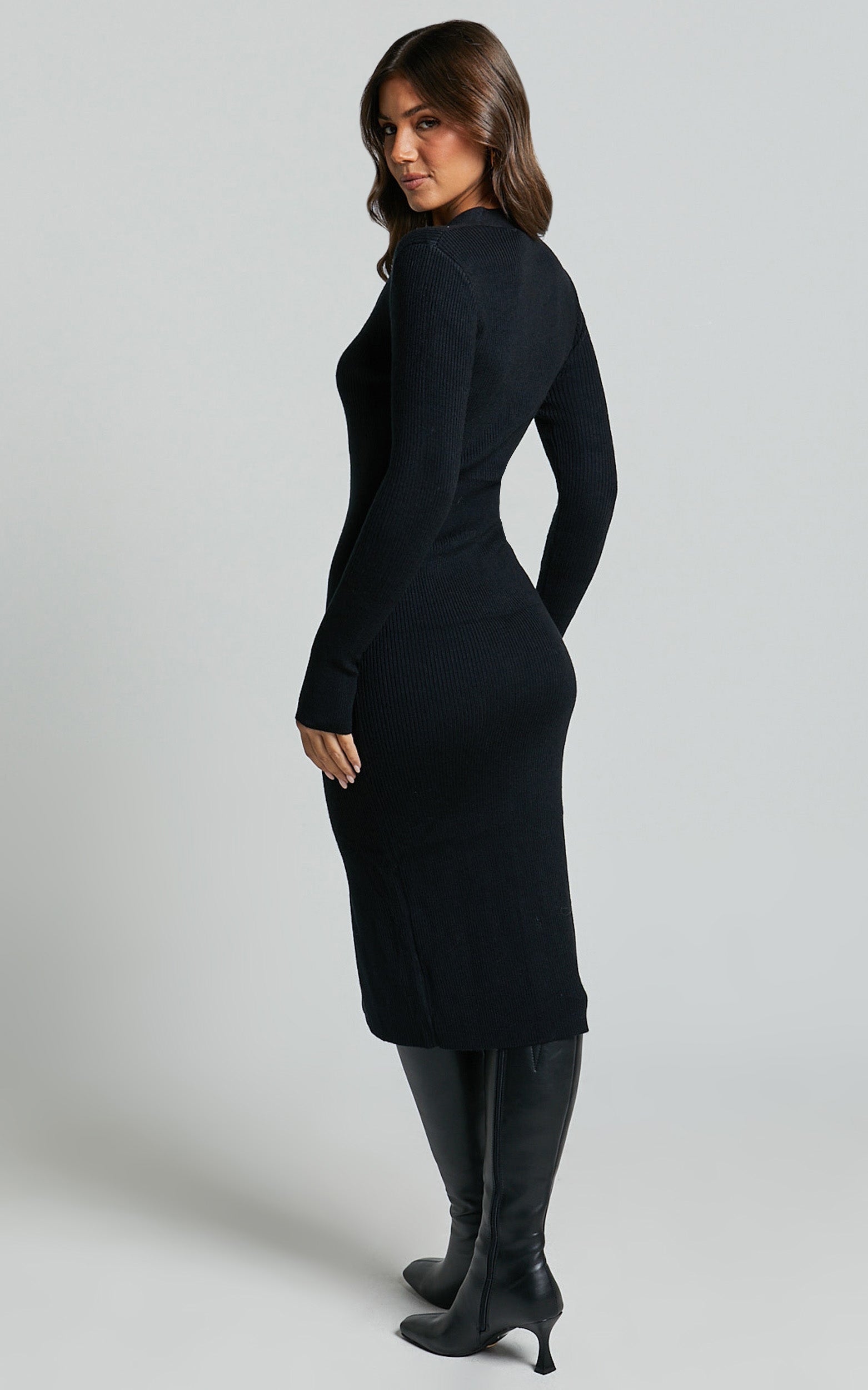 Leahanna Midi Dress - Button Front Knit Dress in Black