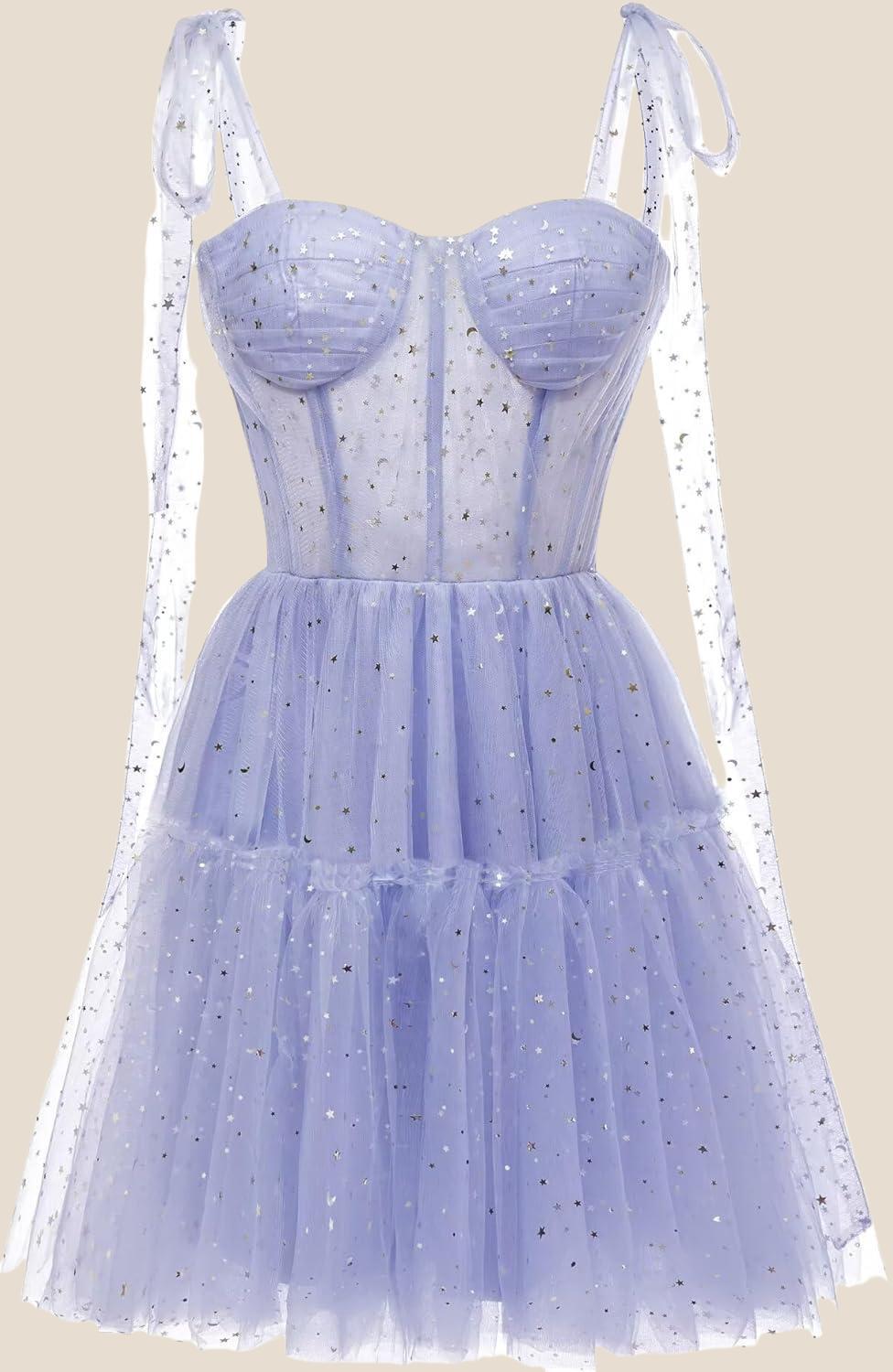 Light Blue Sparkly Starry Tulle Homecoming Dress