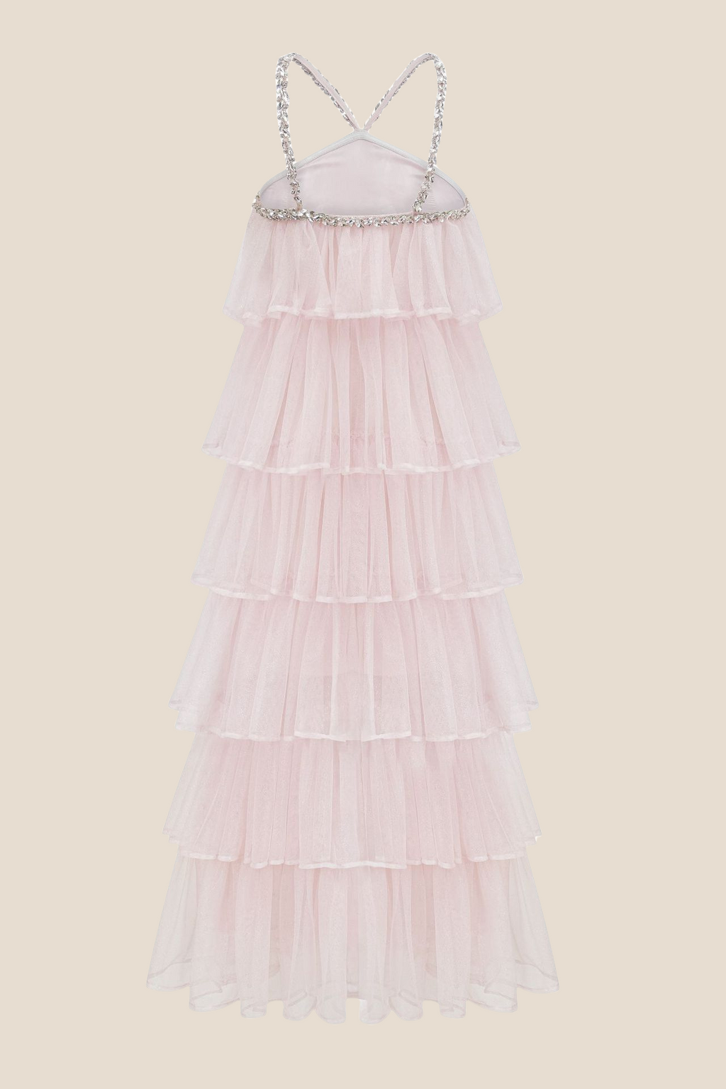Light Pink Tiered A-line Long Dress with Diamonds