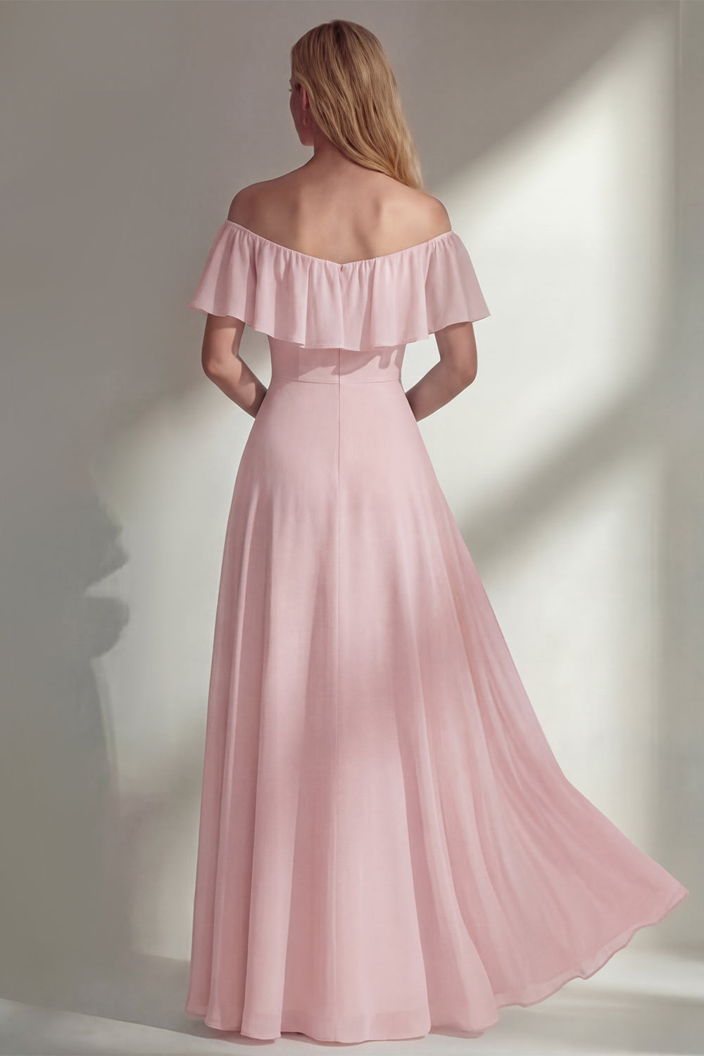 Off the Shoulder A Line Ruffled Sage Green Long Beach Bridesmaid Dress with Slit