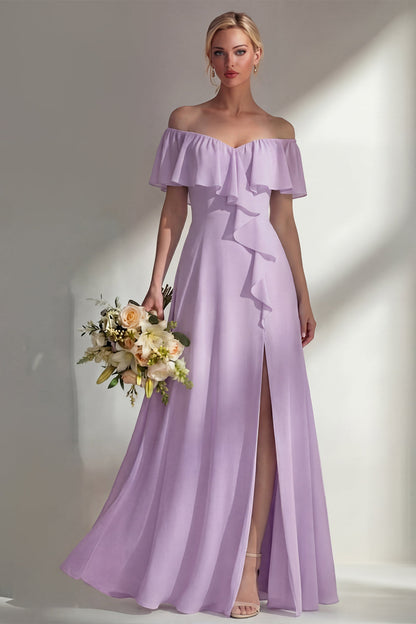 Off the Shoulder A Line Ruffled Sage Green Long Beach Bridesmaid Dress with Slit