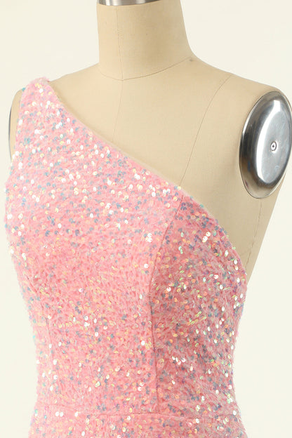 One Shoulder Pink Sequin Bodycon Mini Dress
