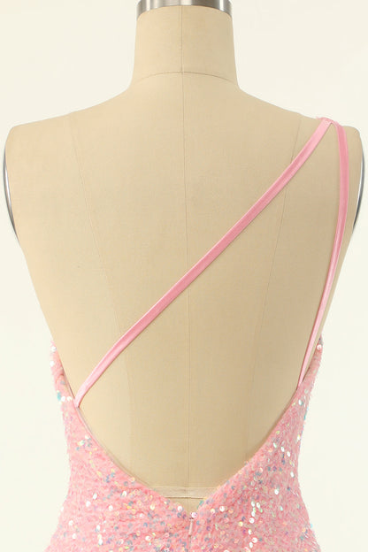 One Shoulder Pink Sequin Bodycon Mini Dress