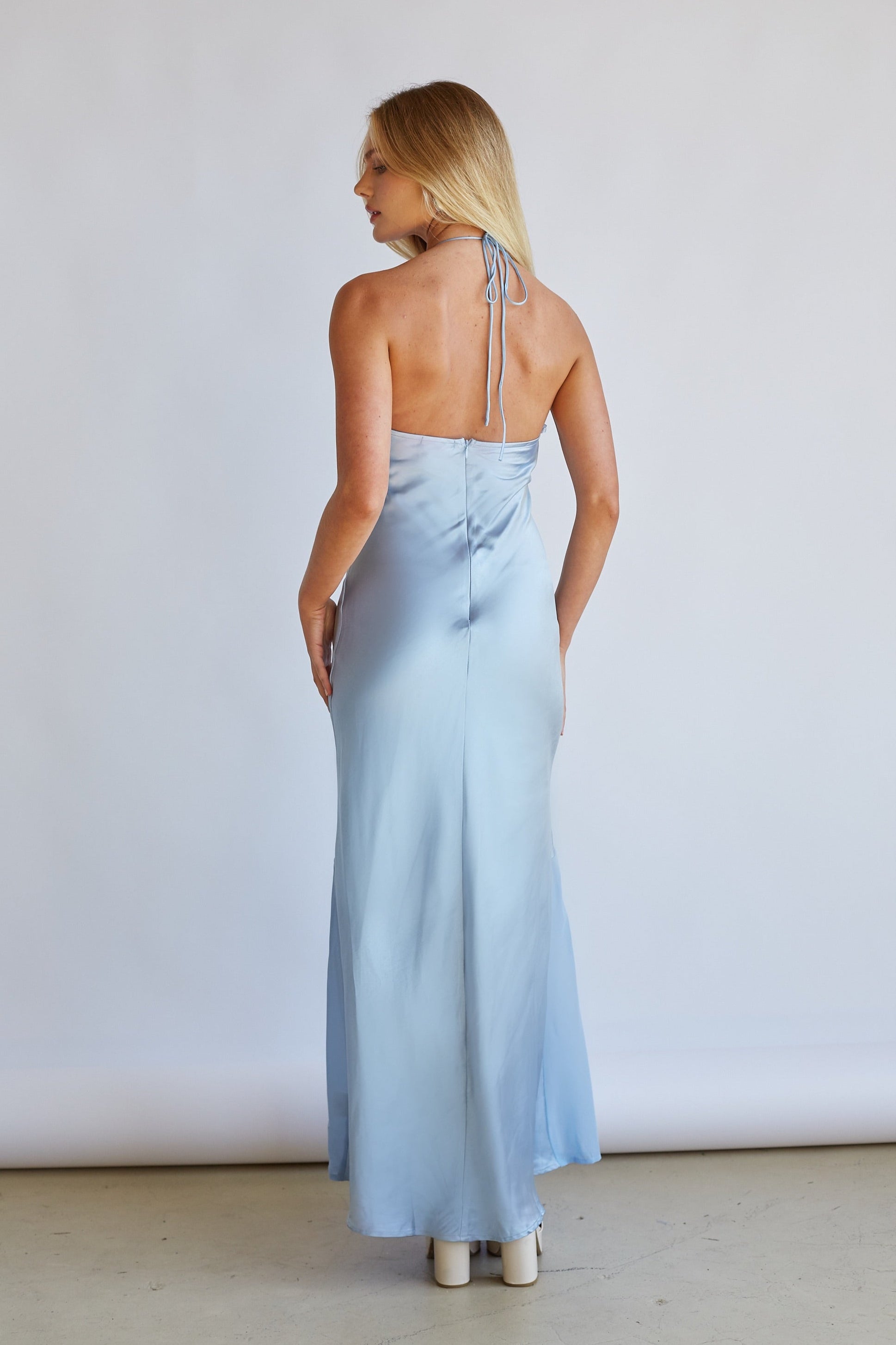 Lucinda Halter V-Neck Open Back Satin Midi Dress