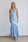 Lucinda Halter V-Neck Open Back Satin Midi Dress
