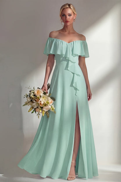 Off the Shoulder A Line Ruffled Sage Green Long Beach Bridesmaid Dress with Slit