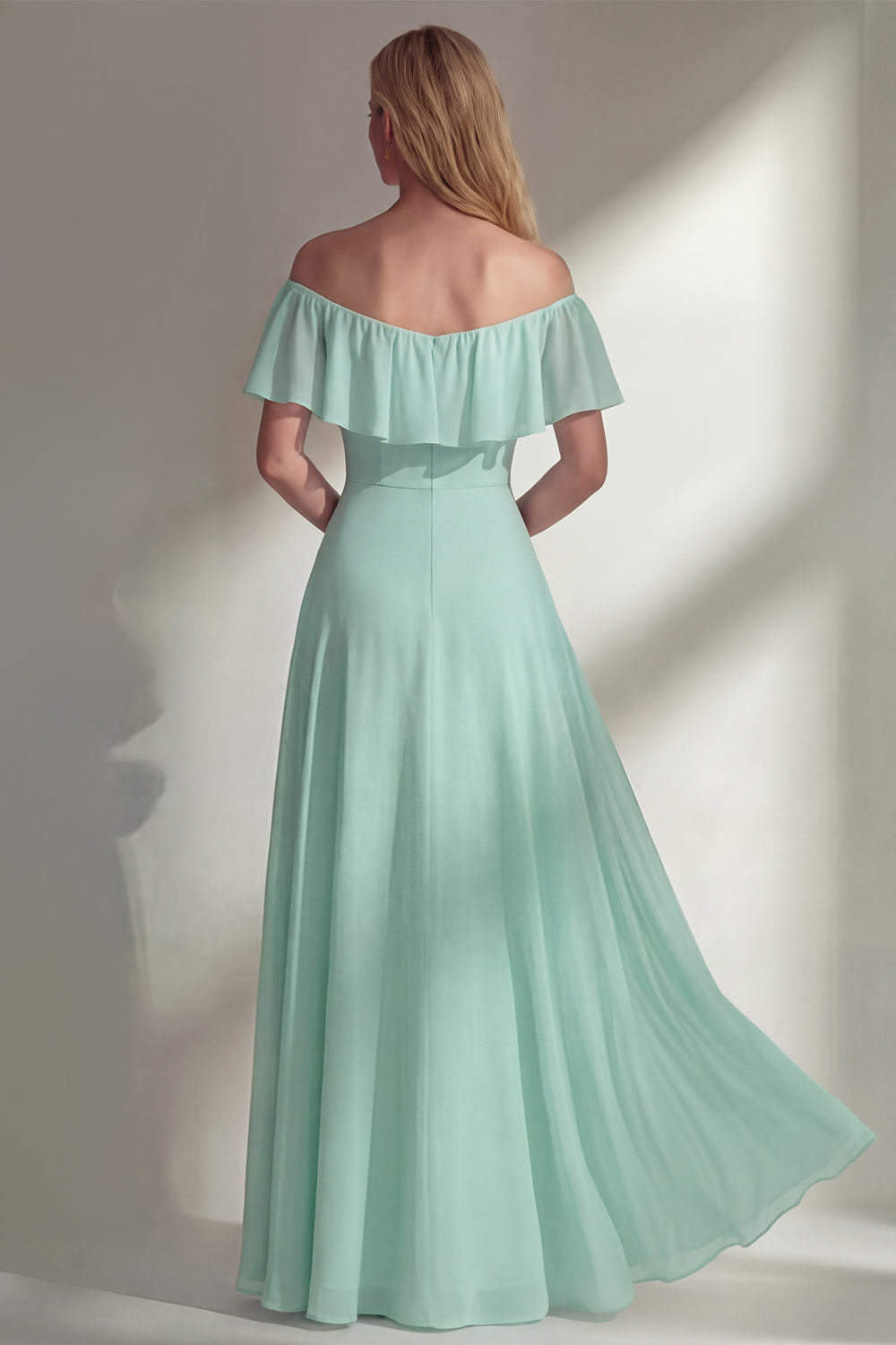 Off the Shoulder A Line Ruffled Sage Green Long Beach Bridesmaid Dress with Slit