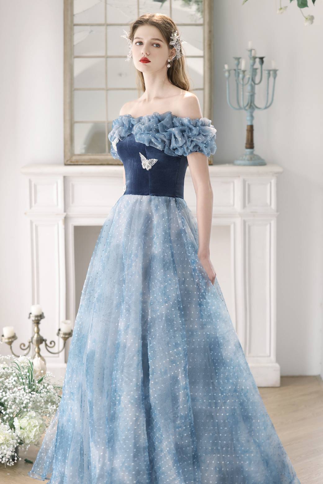 Off the Shoulder Blue Velvet Tulle Princess Gown