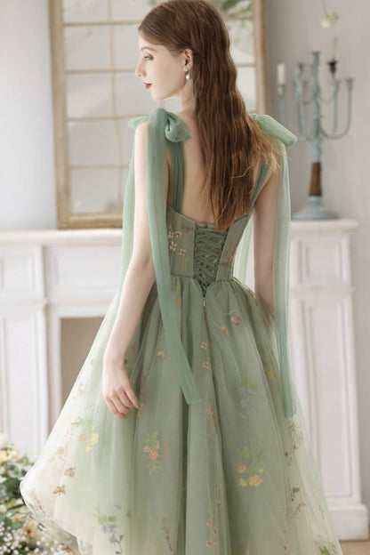 High Low Green Floral Tulle Party Dress