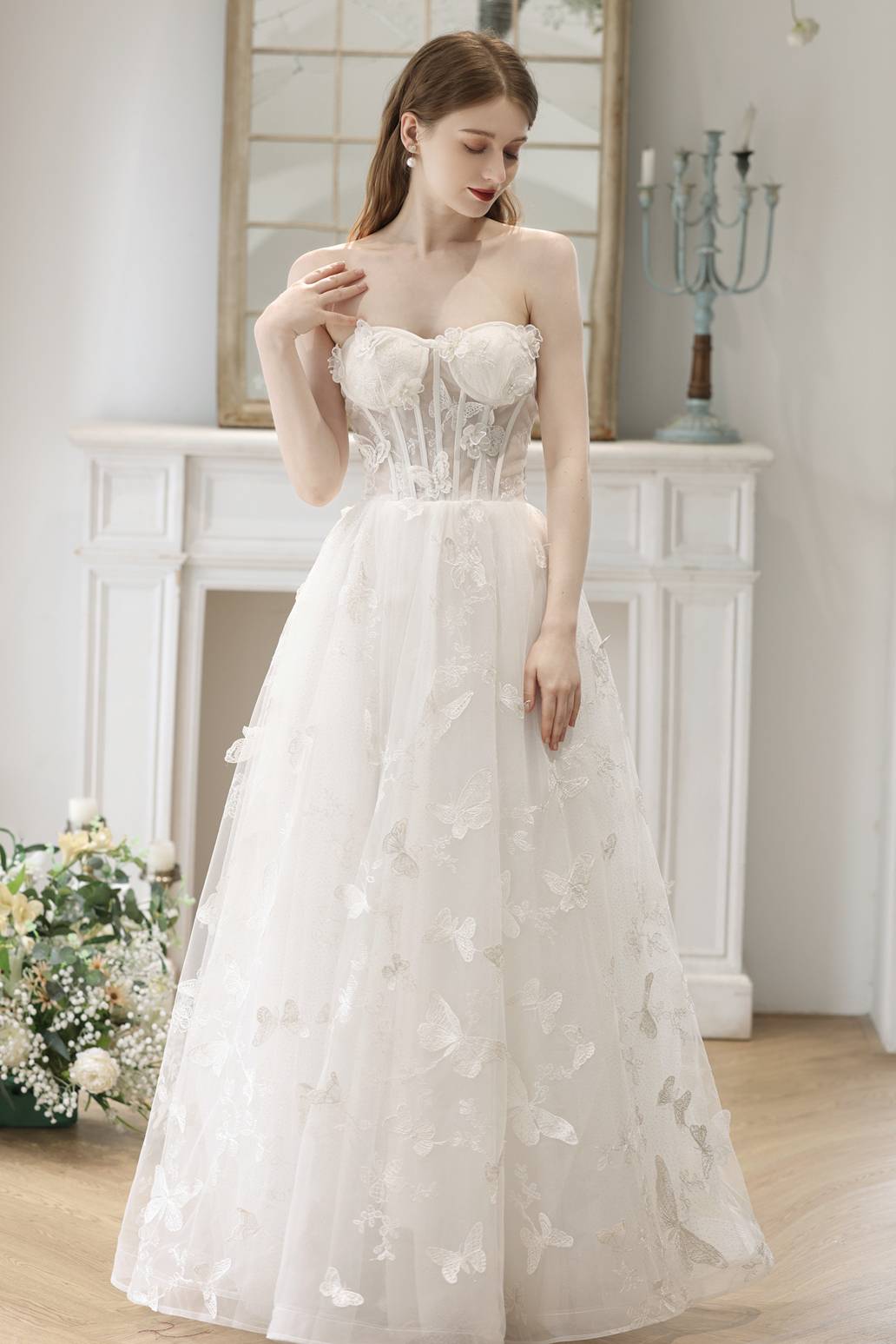 3D Flowers White Corset A-line Long Dress