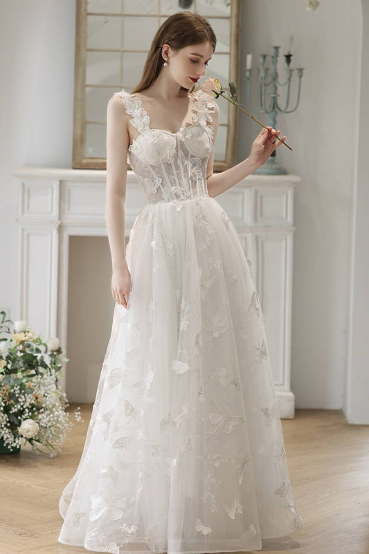 3D Flowers White Corset A-line Long Dress