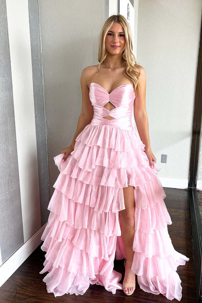 Keyholes Light Blue A-line Ruffle Prom Dress