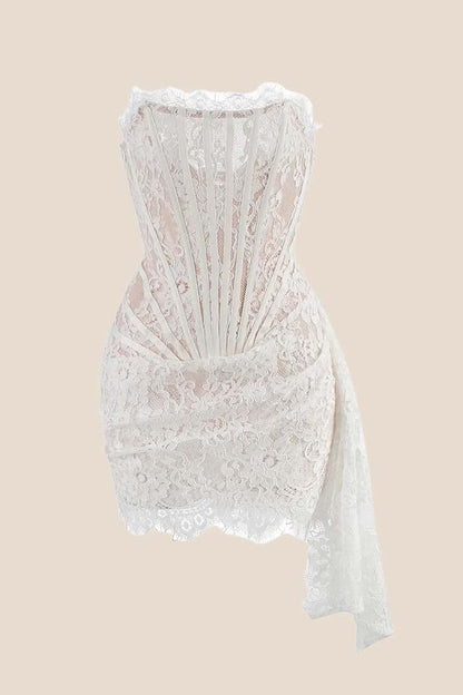 Ivory Tight Lace Short Dress with Train