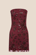 Burgundy Strapless Beaded Tight Mini Dress