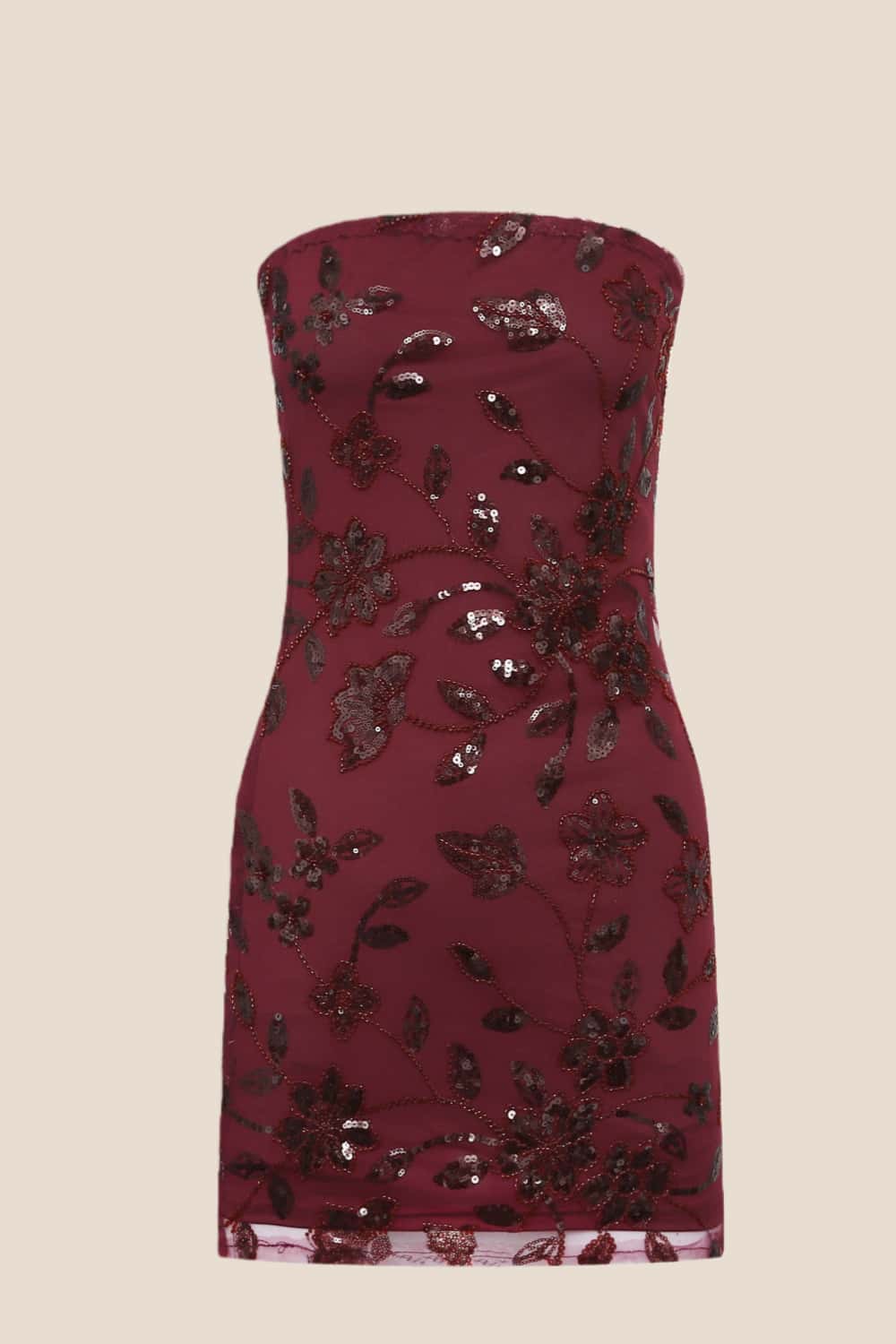 Burgundy Strapless Beaded Tight Mini Dress
