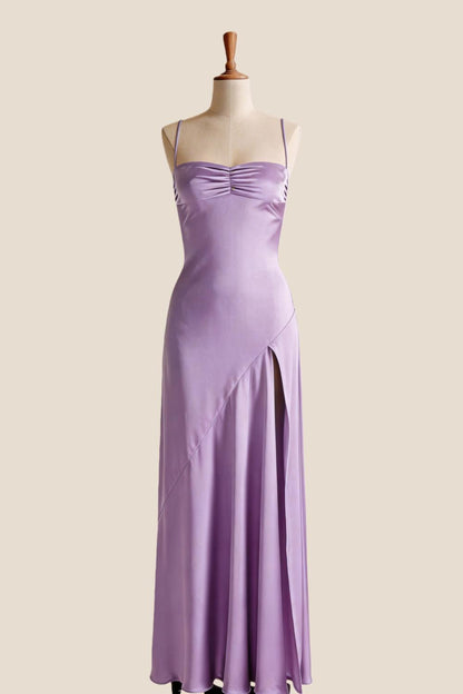 Aqua Satin Straps Slit Long Dress