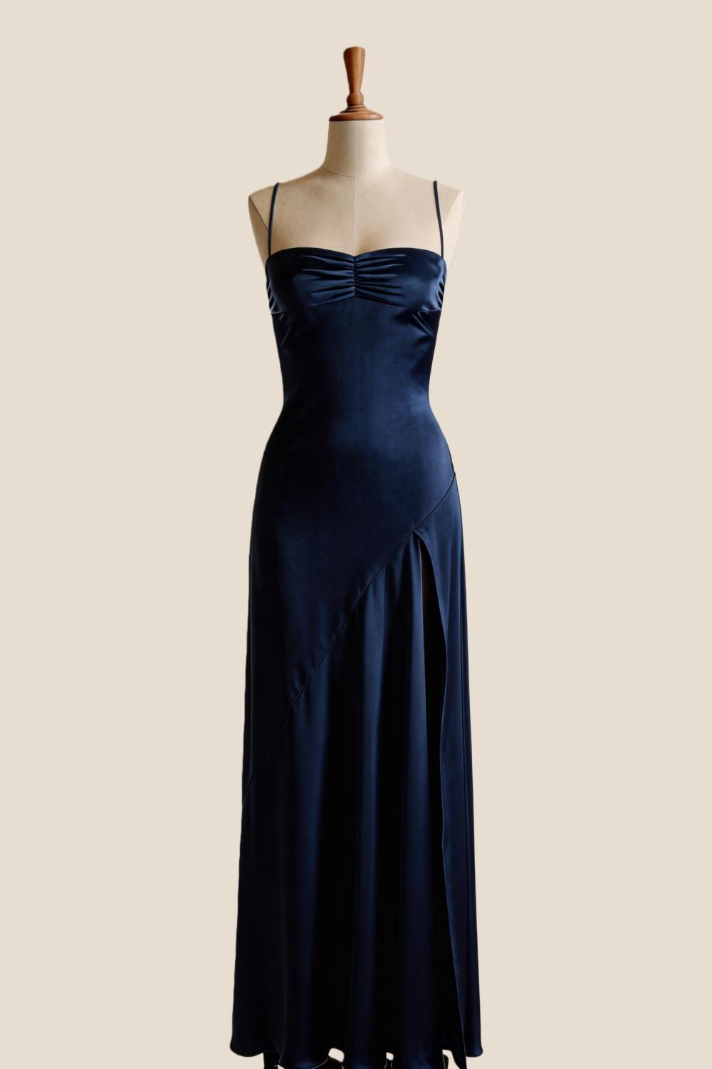 Aqua Satin Straps Slit Long Dress