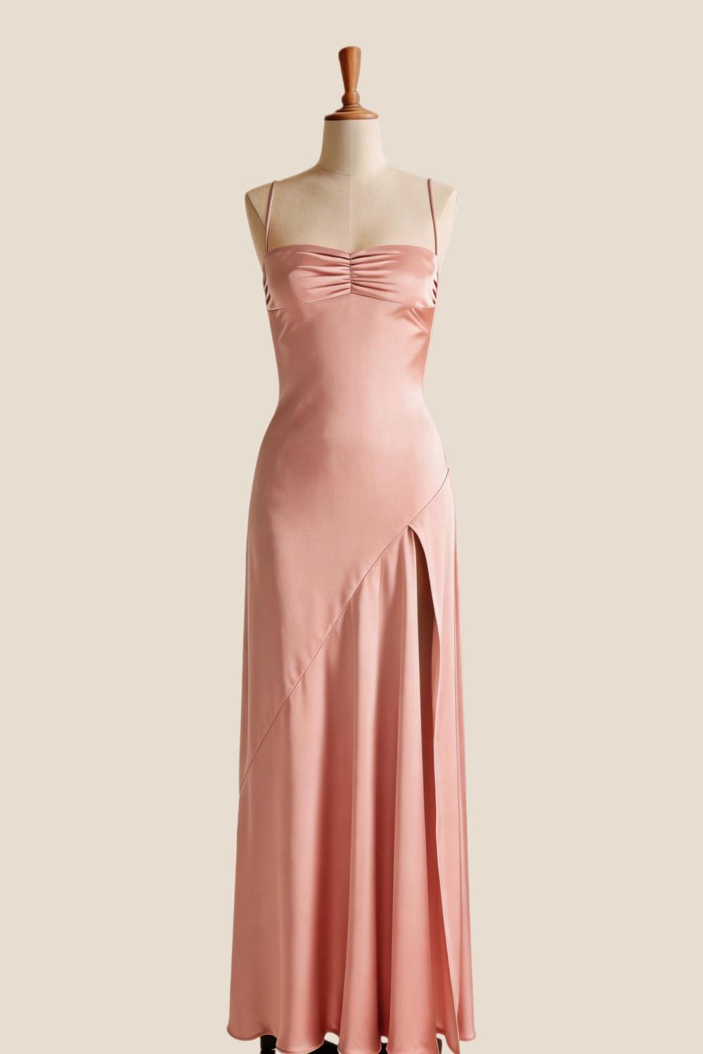 Aqua Satin Straps Slit Long Dress