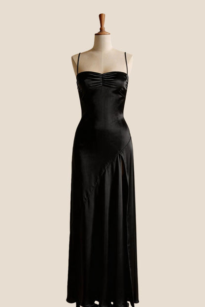 Aqua Satin Straps Slit Long Dress