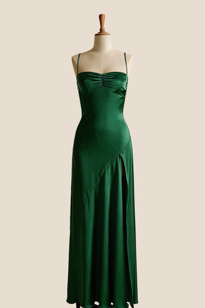 Aqua Satin Straps Slit Long Dress