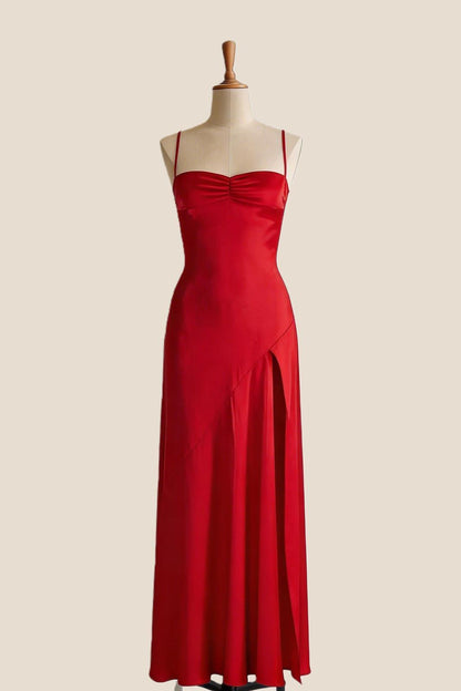 Aqua Satin Straps Slit Long Dress