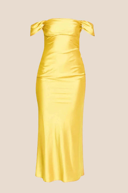Off the Shoulder Navy Soft Satin Fitted Dress