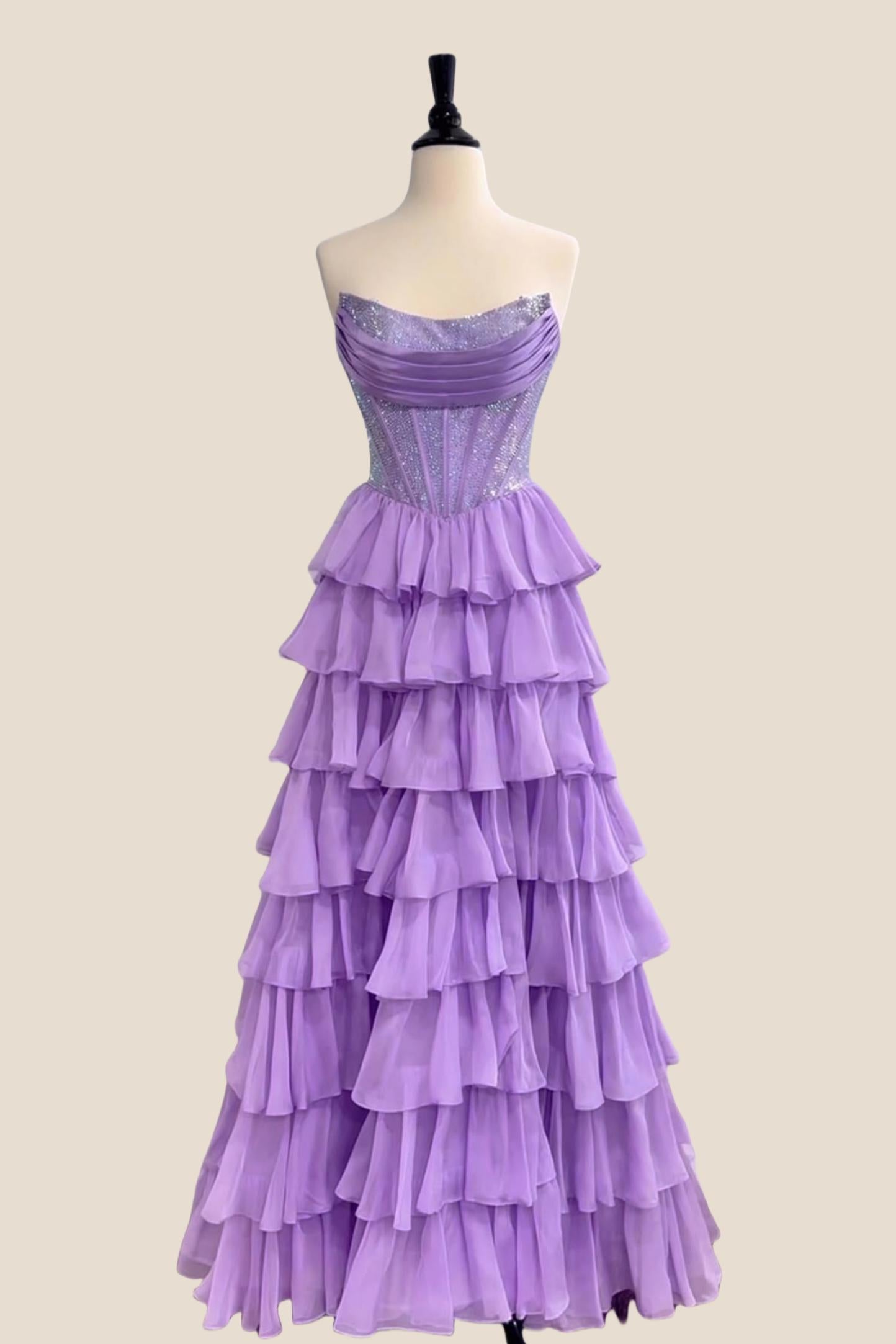 Beaded Yellow Chiffon A-line Tiered Ruffle Gown