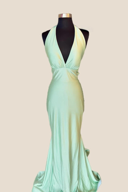 Halter Sage Fitted Long Formal Dress
