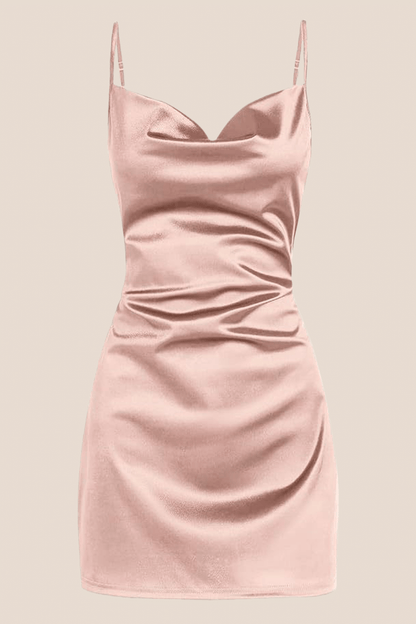 Cowl Neck White Back Tie A-line Short Dress