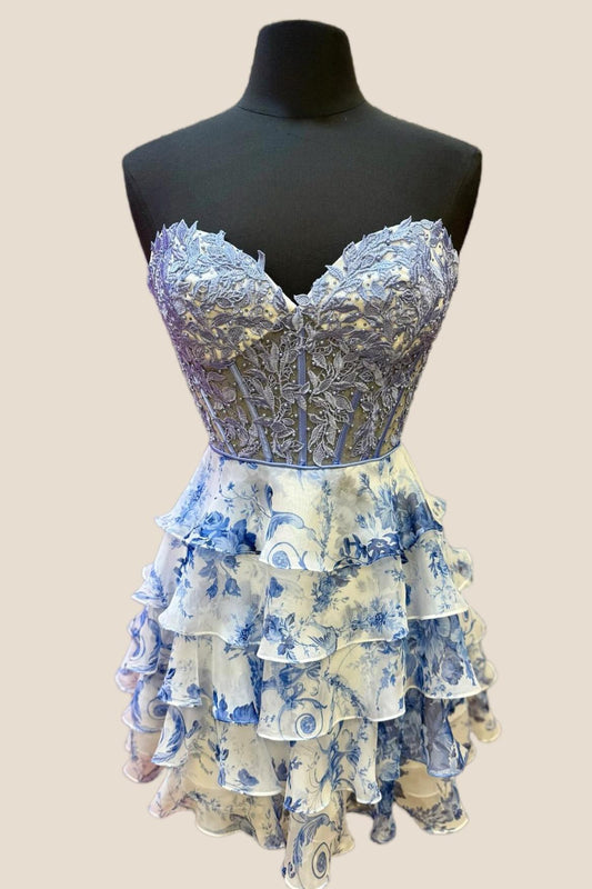 Blue Floral Appliques A-line Short Ruffle Dress