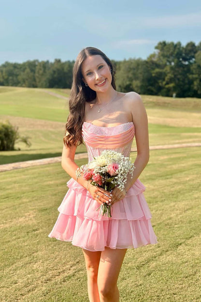 Light Blue Beaded Short Ruffle A-line Dress