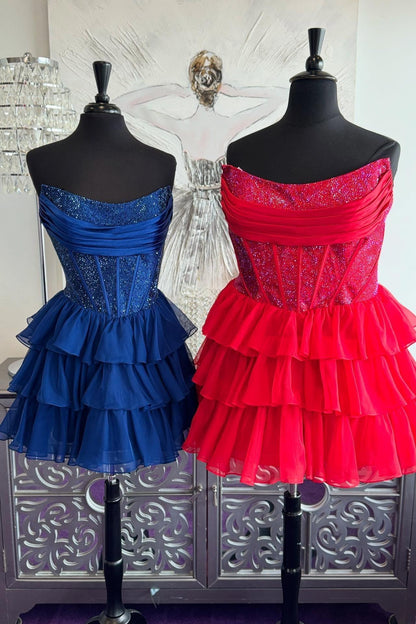 Light Blue Beaded Short Ruffle A-line Dress