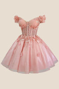 Off the Shoulder Pink 3D Floral Short Dress