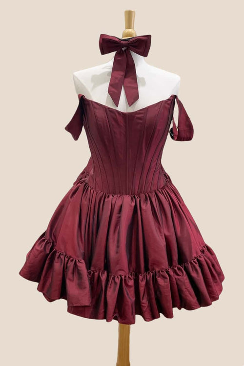 Off the Shoulder Wine Red Short Dress