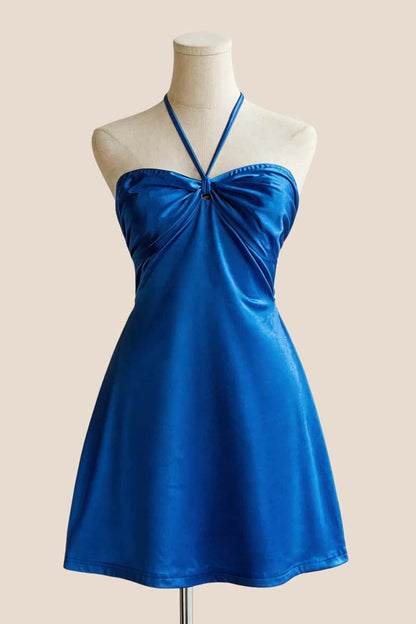 Halter Yellow Back Tie A-line Short Dress