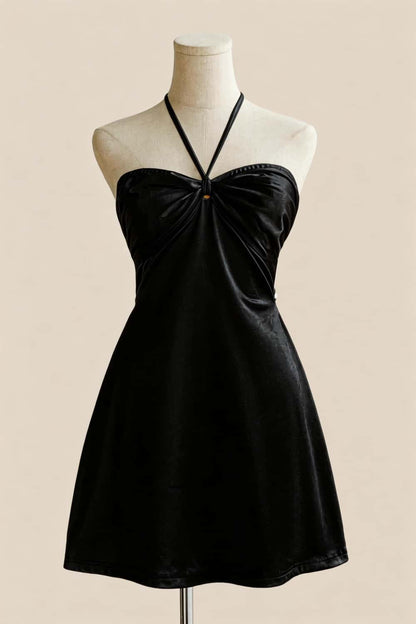 Halter Yellow Back Tie A-line Short Dress
