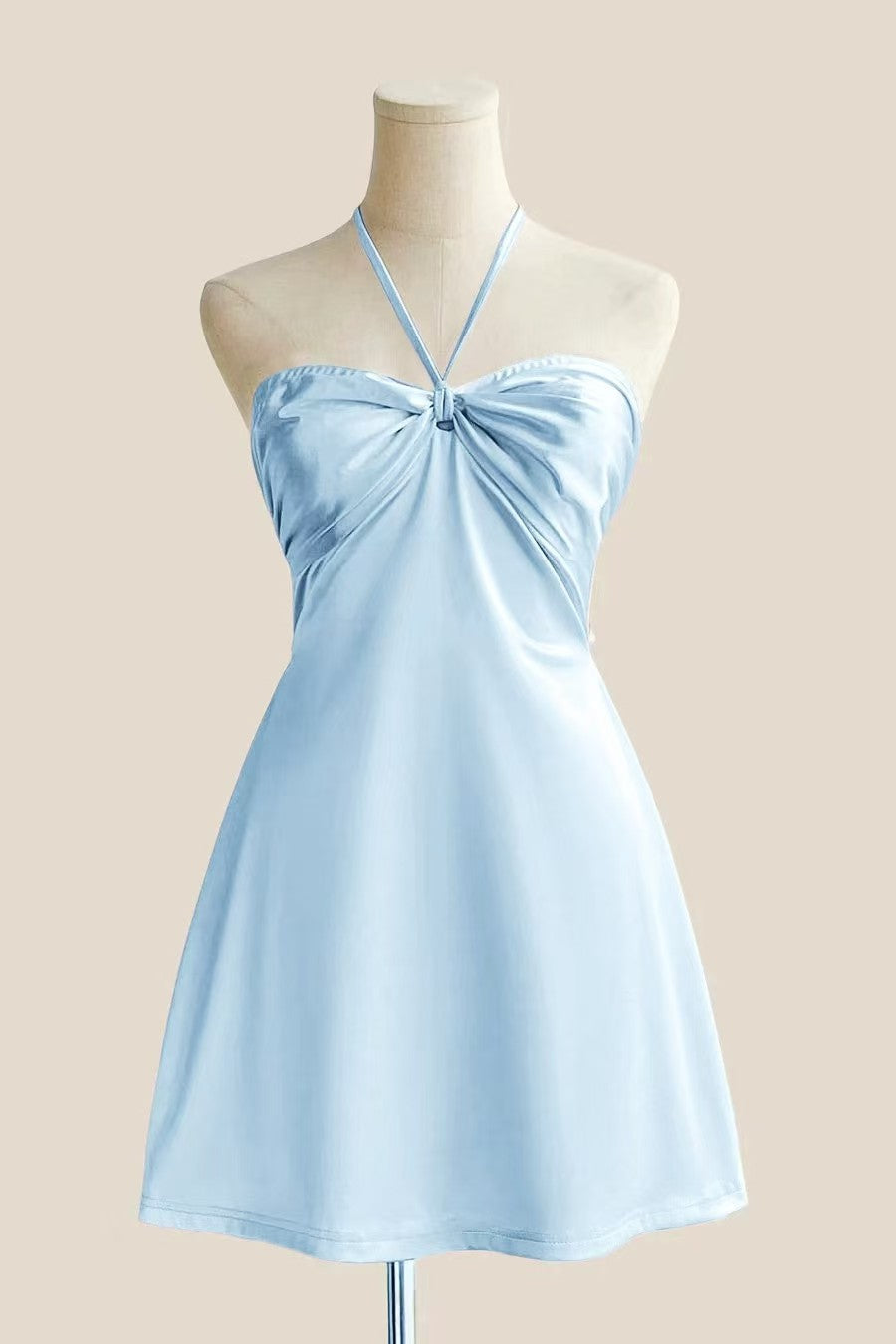 Halter Sage Green Back Tie A-line Short Dress