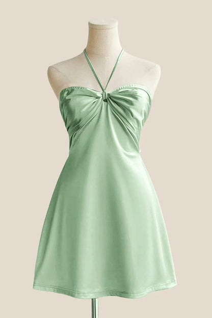 Halter Yellow Back Tie A-line Short Dress