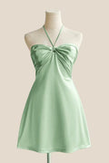 Halter Sage Green Back Tie A-line Short Dress