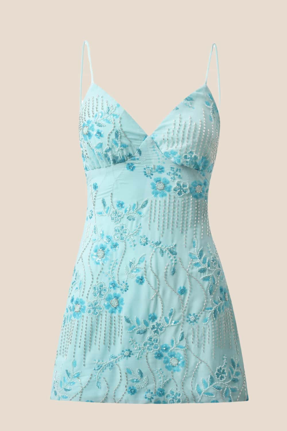 Light Blue Beaded Straps Fitted Mini Dress