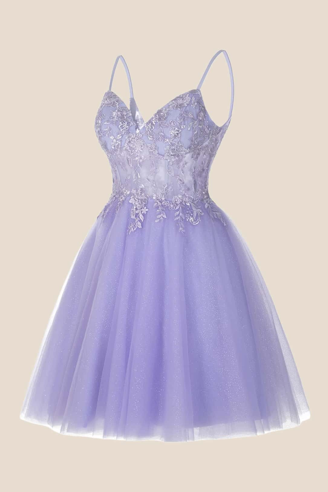 Lavender Straps Appliques A-line Short Dress