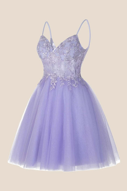 Lavender Straps Appliques A-line Short Dress