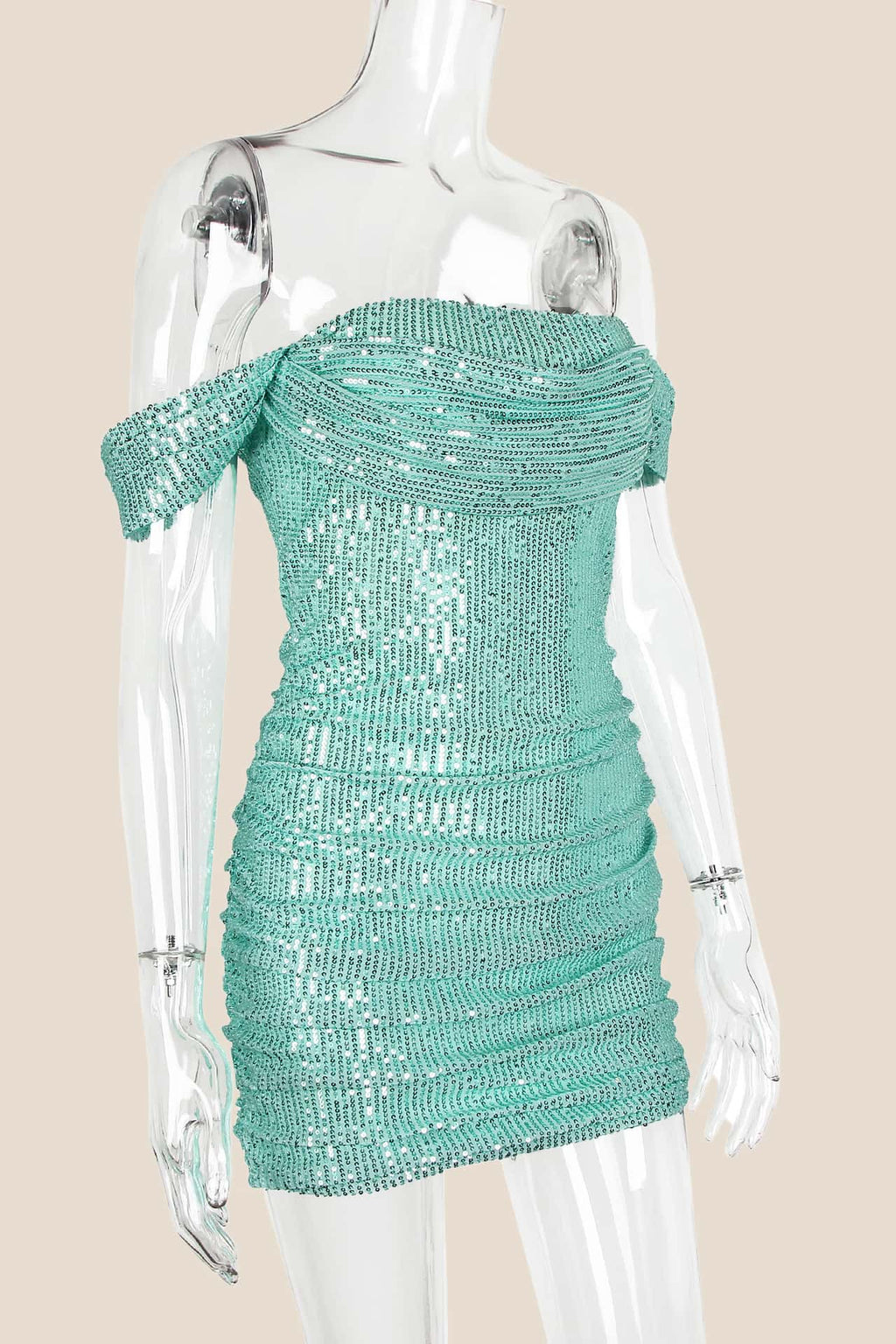 Off the Shoulder Sage Green Sequin Fitted Short Dress