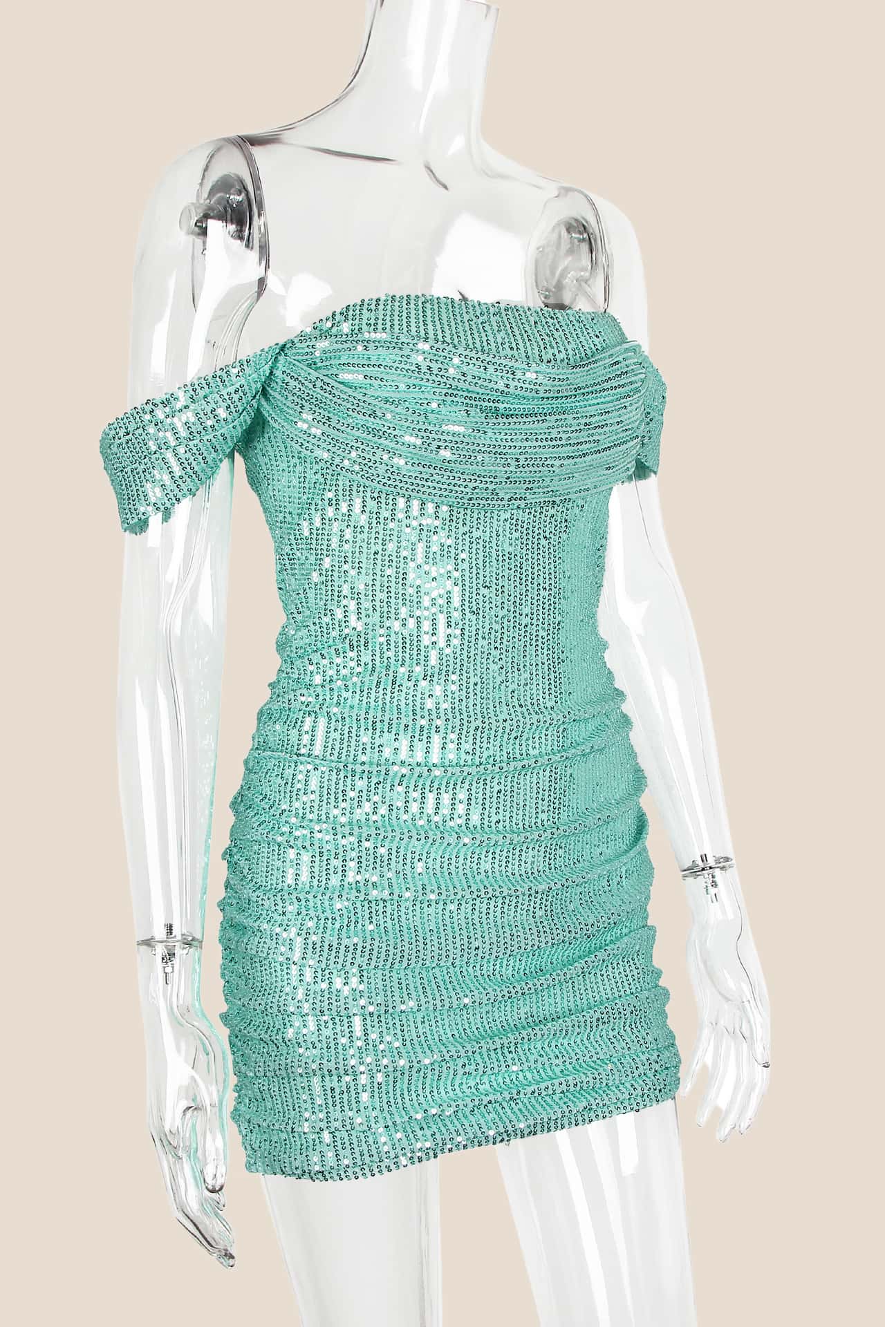 Off the Shoulder Sage Green Sequin Fitted Short Dress