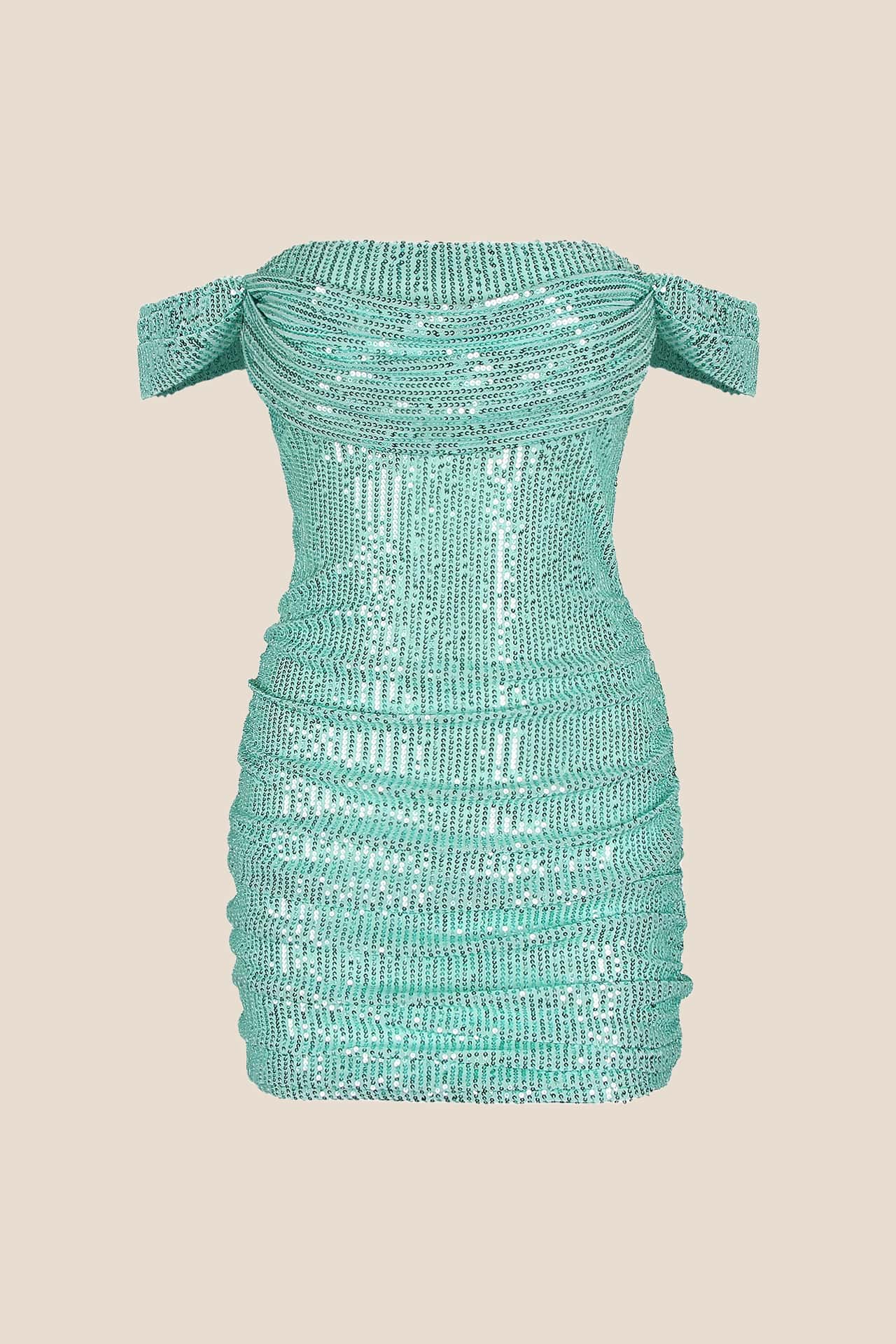 Off the Shoulder Sage Green Sequin Fitted Short Dress