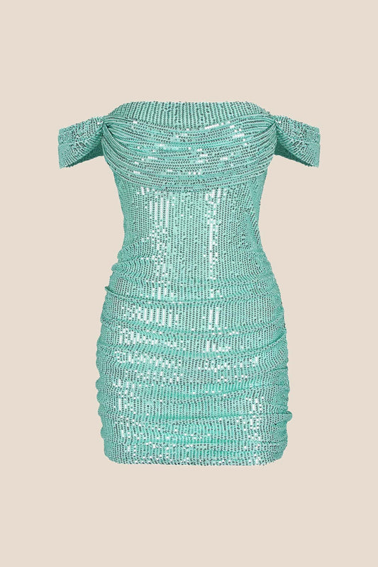 Off the Shoulder Sage Green Sequin Fitted Short Dress