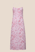 Pink Beaded Flowers Fitted Long Dress