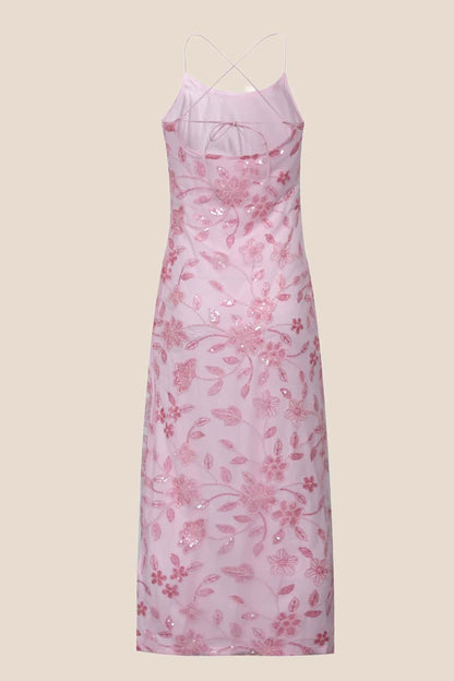 Blue Beaded Flowers Fitted Long Dress