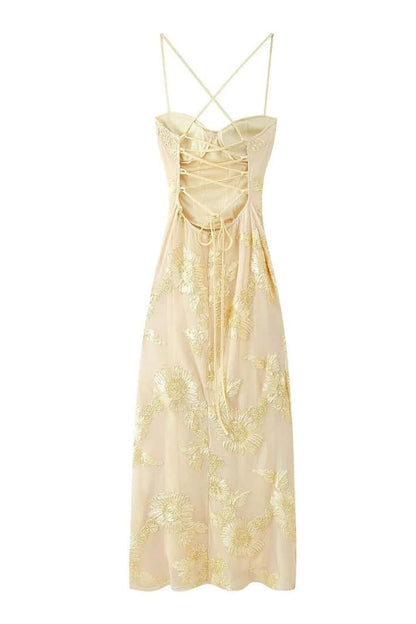 Blue Embroidered Fitted Straps Dress